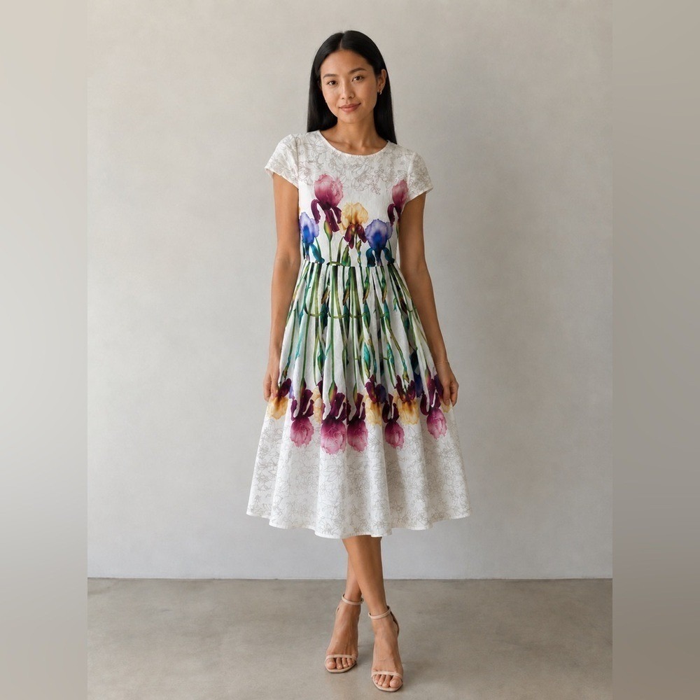 Elegant Floral Fit and Flare Midi Dress Made in Turkey Sz 36 EU or 10 US